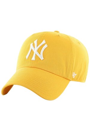 Gul baseballkasket med hvid New York Yankees-logo broderet foran og lille hvidt mærkelogo på siden.