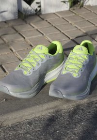 Szare buty sportowe z limonkowymi akcentami, teksturowana siateczkowa cholewka i kontrastowa podeszwa. Zawierają pasujące sznurowadła oraz logo na języku.