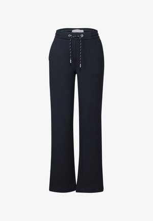 Marineblaue Sweathosen aus strukturiertem Material, weit geschnitten mit einem Zugbandbund. Verfügt über Hardware in Silberoptik zum Verschließen.