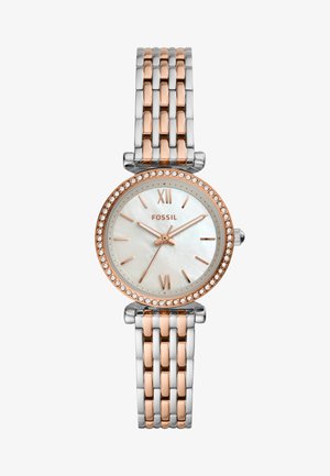Montre Fossil avec un cadran rond en nacre blanche, des index en or rose, un bracelet en acier inoxydable bicolore or rose et argent, et des accents en cristal.