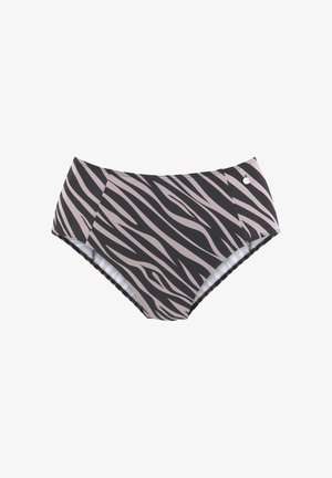 Hochgeschnittene Bikiniunterteile in einem Schwarz- und Beigestreifenmuster. Aus glattem Stoff mit kontrastierendem Innenfutter und dezenten Hardwaredetails gefertigt.