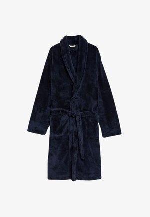 Granatowy, pluszowy szlafrok kąpielowy z długimi rękawami, kołnierzem szalowym, paskiem wiązanym oraz dwiema przednimi kieszeniami; miękka struktura i jednolity kolor na całej powierzchni.