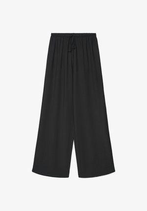 Loose black wide-leg pants with elastic waistband and front tie detail, displayed against a white background.