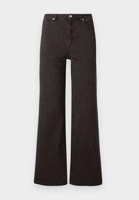 Zwarte wijde denim jeans met een hoge taille, voorzien van vijf zakken en een knoopsluiting. Soepele textuur, minimalistisch ontwerp.