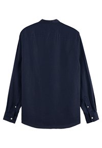 M�ørkeblå langærmet skjorte lavet af et let stof. Har en klassisk krave og manchetter med knapper i hvidt. Vist set bagfra.