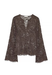 Brown lace blouse with a V-neck, long bell sleeves, and button closure. Features floral patterns and scalloped edges along the hem.