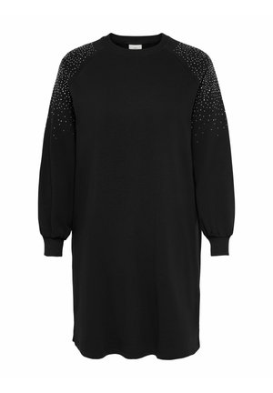 Robe noire à manches longues avec des poignets côtelés et de petites perles blanches concentrées sur les épaules et le haut des manches.