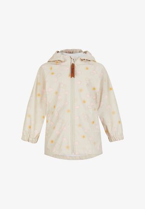 Light beige rain jacket featuring a hood, zip closure, and elastic cuffs. Patterned with pink clouds and yellow suns across the fabric.