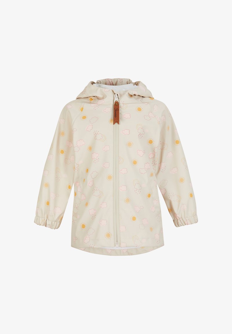Hellbeige Regenjacke mit Kapuze, Reißverschluss und elastischen Bündchen. Mit einem Muster aus rosa Wolken und gelben Sonnen auf dem Stoff.