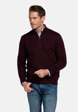 Burgunderfarbener Pullover mit Reißverschluss und weichem Stoff, mit geripptem Saum und Bündchen. Wird über einem blau-weißen karierten Hemd getragen, kombiniert mit Jeans.