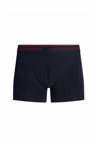 Boxers noirs pour hommes avec une ceinture élastique rouge et noire présentant le logo Jack & Jones en texte rouge.