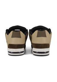 Tan leather and brown suede sneakers with black mesh lining, featuring a cushioned white sole and perforated back accents.