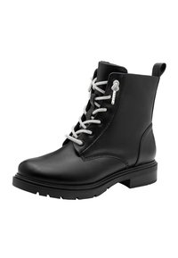 Bottines en cuir noir avec des lacets argentés, bout rond et semelle en caoutchouc plate. Présente une languette à l'arrière et des détails en surpiqûre.