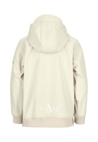 Giacca a hood beige chiaro con polsini elasticizzati e dettagli con zip, caratterizzata da una texture liscia e il logo bianco "SLADE" sul retro.