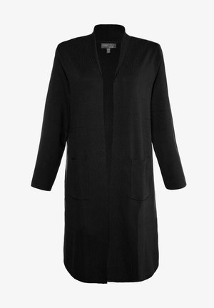 Cardigan lungo nero realizzato in tessuto a maglia. Presenta un'apertura frontale, maniche lunghe e due tasche frontali. Senza chiusure o decorazioni.