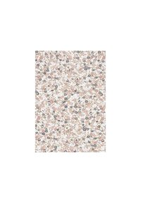 Tkanina s kvetinovým vzorom a malými, mnohobarevnými kvetmi v ružovej, modrej, čiernej a zelenej farbe na svetlom krémovom pozadí.