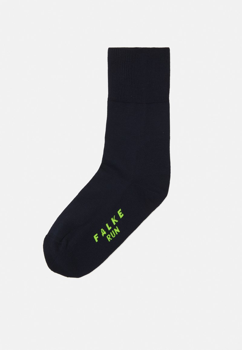 Navy blue sock with ribbed cuff and green "FALKE RUN" lettering. Made from soft material, designed for comfort and durability.