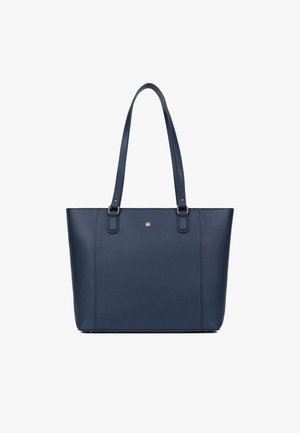 Borsa tote blu navy realizzata in pelle testurizzata, con due manici lunghi, un dettaglio hardware centrale e una forma rettangolare strutturata.