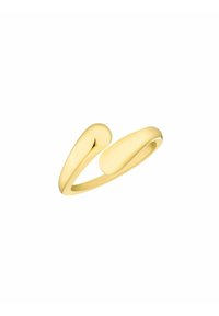 Anello d'oro con un design elegante e moderno; presenta due estremità asimmetriche e arrotondate e una finitura lucida. Texture liscia in tutto il suo insieme.