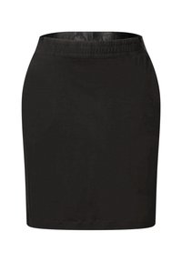 Jupe mini noire extensible avec une texture lisse et une taille élastique. Design simple sans motifs ni embellissements.