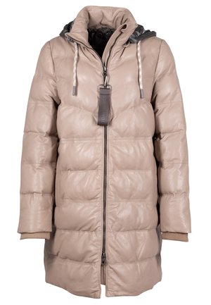 Cappotto in pelle imbottita beige con chiusura a zip, dotato di cappuccio, polsini a costine e una texture composta da sezioni lisce e trapuntate.