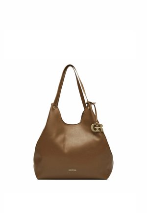 Braune Ledertasche mit zwei Trägern und goldfarbenem "GR"-Anhänger, vorne mit Gino Rossi Markenlabel.