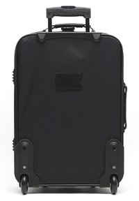 Black wheeled suitcase with a durable fabric exterior, retractable handle, two wheels, and a small rectangular tag holder on the front.