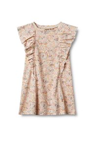 Blommig klänning med korta volangärmar; rosa tyg med flerfärgade blommor; avslappnad passform med en mjuk textur och rund halsringning.