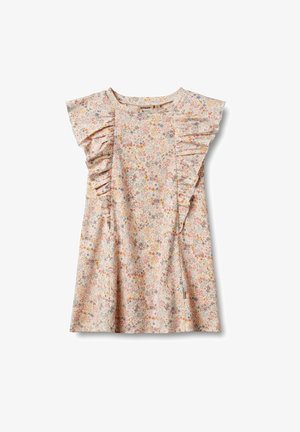 Blumenkleid mit kurzen Rüschensleeves; pinkfarbener Stoff mit mehrfarbigen Blumen; lässige Passform mit glatter Textur und rundem Ausschnitt.