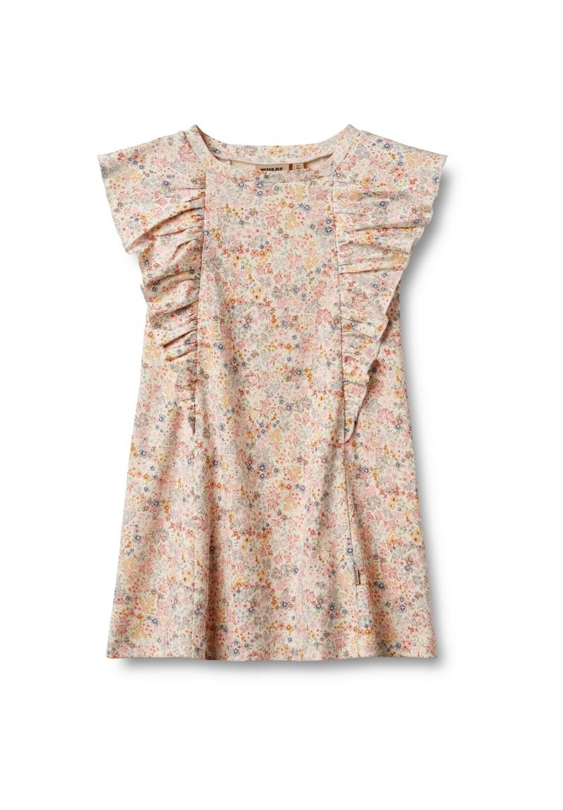 Blommig klänning med korta volangärmar; rosa tyg med flerfärgade blommor; avslappnad passform med en mjuk textur och rund halsringning.