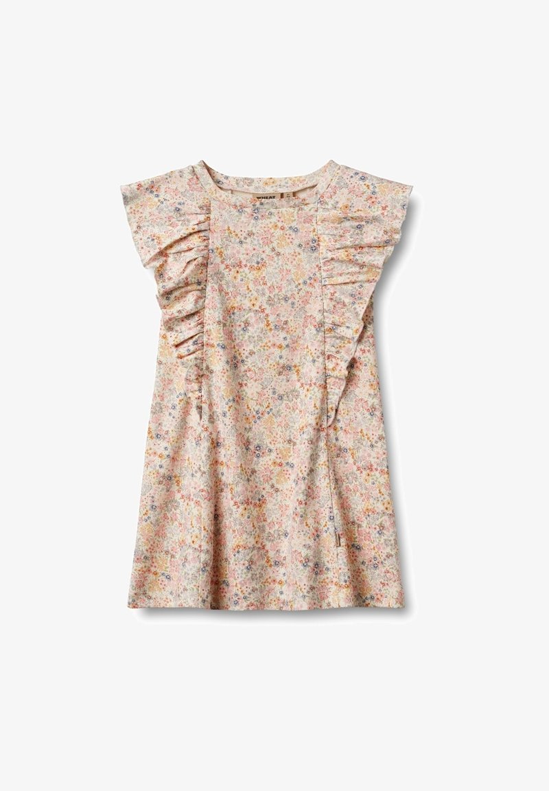 Kwiatowa sukienka z krótkimi falbankowymi rękawami; różowy materiał z wielokolorowymi kwiatami; luźny krój o gładkiej fakturze i okrągłym dekolcie.