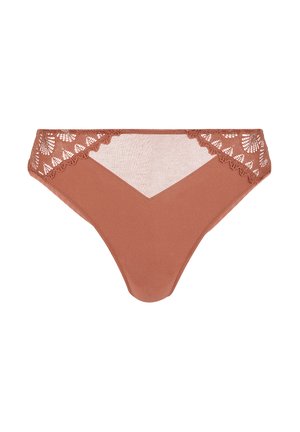 Terrakottafarbener Bikini-Slip aus weichem Stoff mit Spitzenakzenten und Netzseiten, vorne mit V-förmigem Design.