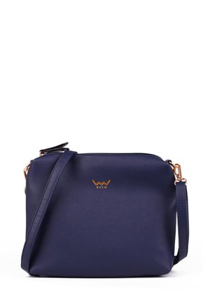 Navy blue synthetic crossbody bag with a smooth texture, gold logo, and strap. Square shape with a zip closure and minimalistic design.