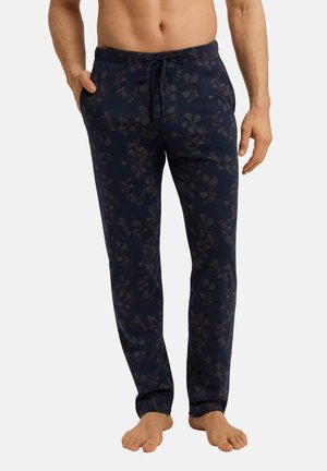 Laavun tummansiniset pyjama-housut, joissa on kukkakuosi, joustava vyötärö ja nauhakuulokkeet. Valmistettu pehmeästä, kevyestä kankaasta, suoralla lahkeella.