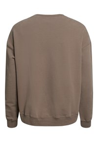 Brown sweatshirt, made of soft cotton material, features a crew neck and long sleeves with ribbed cuffs and hem, plain design without patterns.