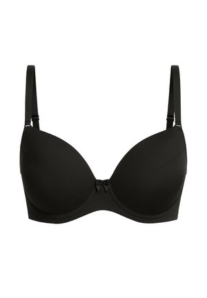 Sort BH med bøjle, glat stof, formstøbte skåle, justerbare stropper og en lille sløjfe i midten. Klassisk design, sømfri tekstur.
