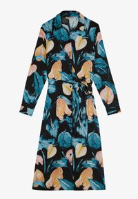 Kukallinen mekko, jossa on musta tausta, siniset ja persikanväriset lehtikuviot, pitkät hihat, napitettava etuosa ja vyötärönauha.