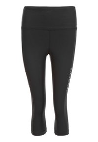 Mustat capri-legginssit, joissa on korkea vyötärö. Valmistettu joustavasta kankaasta, ja vasemman jalan alareunassa on valkoinen logo.