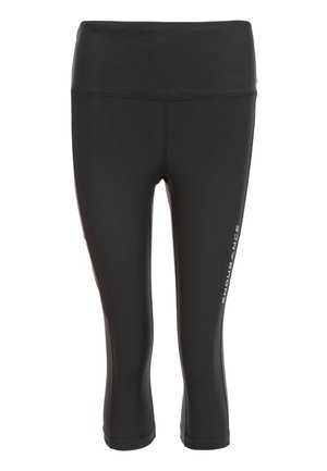 Leggings capri neri con vita alta. Realizzati in tessuto elasticizzato, presentano un logo bianco sulla parte inferiore della gamba sinistra.