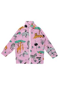 Fleece zip-up jacket with an all-over animal print on pink fabric, featuring giraffes, zebras, and rhinos; includes pockets and high collar.