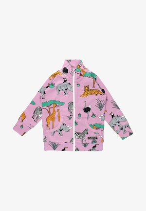 Fleece zip-up jacket with an all-over animal print on pink fabric, featuring giraffes, zebras, and rhinos; includes pockets and high collar.