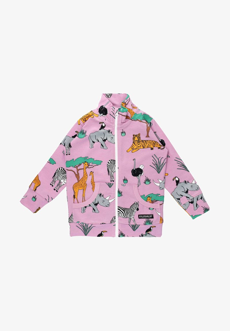 Fleece zip-up jacket with an all-over animal print on pink fabric, featuring giraffes, zebras, and rhinos; includes pockets and high collar.