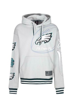 Grå hættetrøje med Philadelphia Eagles logo, grafiske design og en kængurulomme. Ribstrikkede manchetter og kant med grønne striber.
