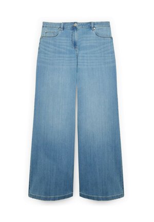 Jeans en denim bleu clair à jambe large, avec fermeture par bouton, légère décoloration et coupe ample. Ourlet net sans ornements visibles.