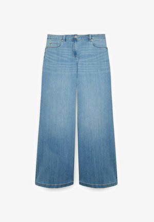 Jeans en denim bleu clair à jambe large, avec fermeture par bouton, légère décoloration et coupe ample. Ourlet net sans ornements visibles.