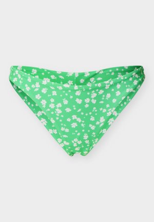 Bas de bikini vert avec petit motif floral blanc, taille pliée, présenté sur un fond clair uni.