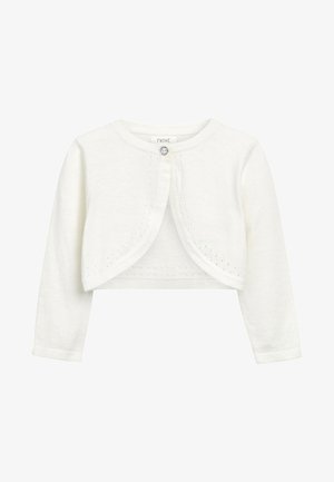 Witte gebreide cardigan met lange mouwen, cropped ontwerp, decoratieve steken en een ronde halslijn, met een bijpassende knoopsluiting.