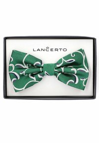 Zielona jedwabna muszka w białe i granatowe spirale, z teksturowanym wykończeniem, zapakowana w czarne pudełko z logo "LANCERTO".