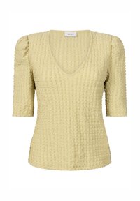 Geel gestructureerde blouse met V-hals, korte pofmouwen en een getailleerde snit met een uniek bollenpatroon in de hele stof.