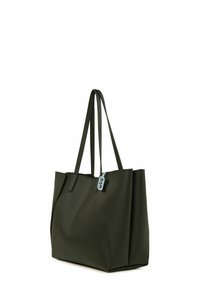 Dark green leather tote bag with two elongated handles, textured surface, and a side tag. Has a spacious and structured design.